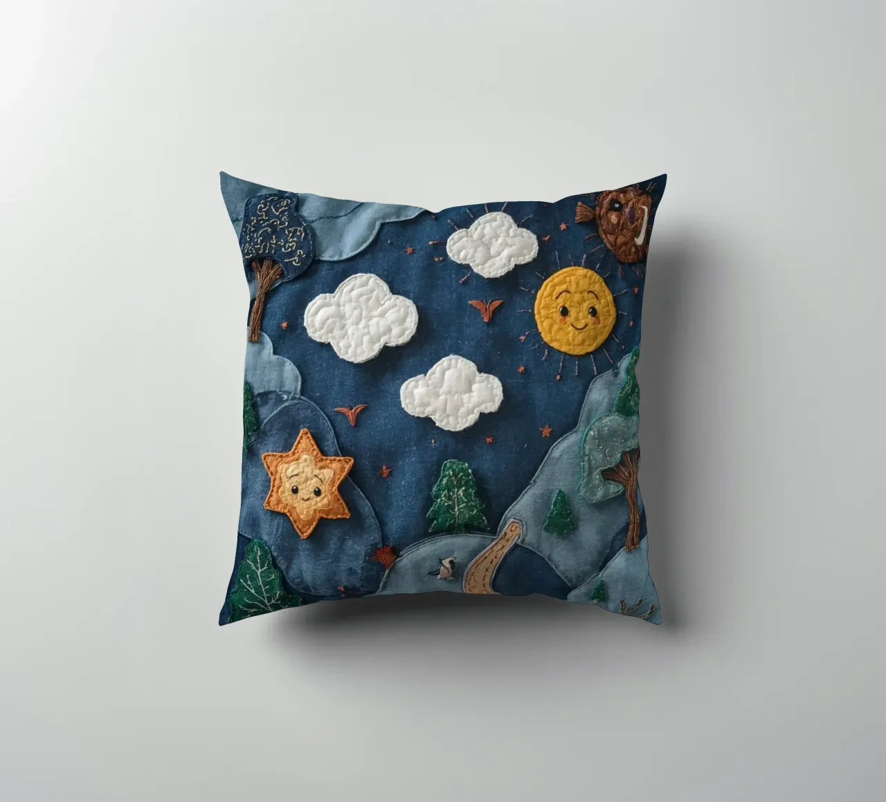 Paesaggio in collage di stoffa con elementi celesti e animali cuscino da DesignDoodle