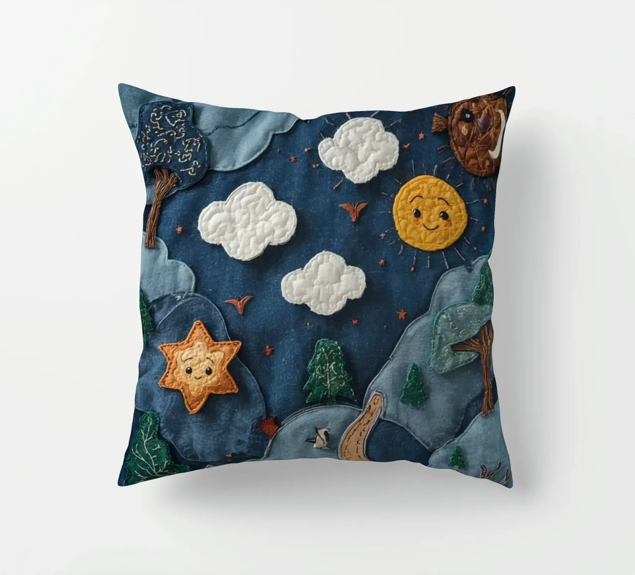 Paesaggio in collage di stoffa con elementi celesti e animali cuscino da DesignDoodle