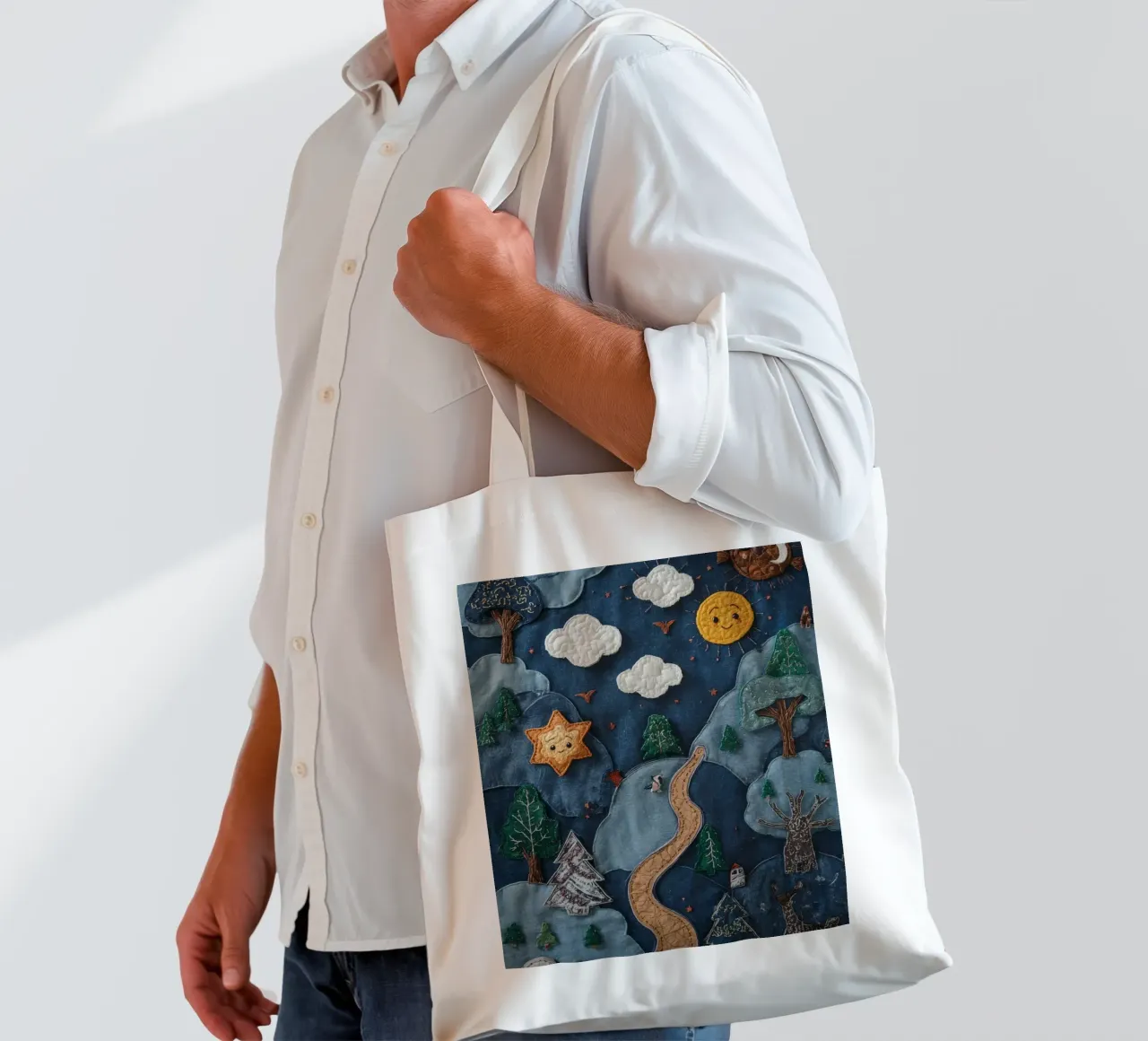 Paesaggio in collage di stoffa con elementi celesti e animali borsa in juta da DesignDoodle