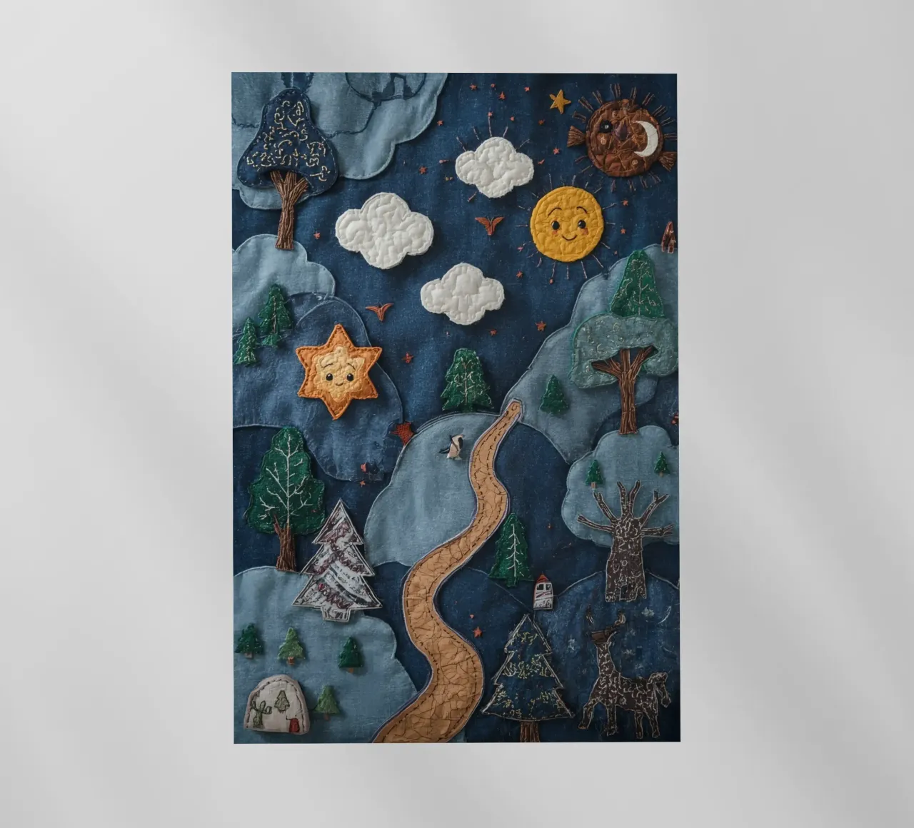 Paesaggio in collage di stoffa con elementi celesti e animali pellicola backlit da DesignDoodle