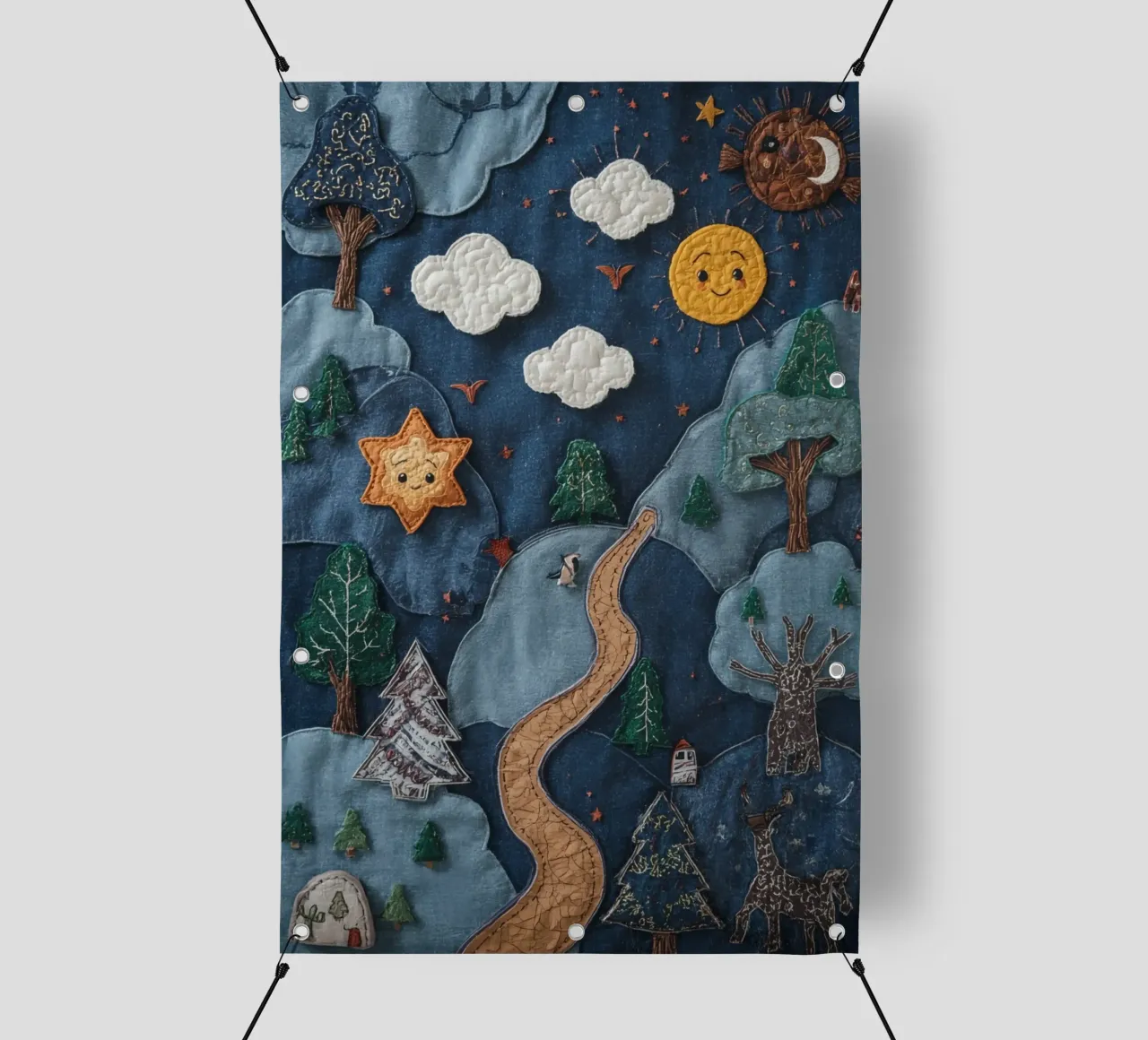 Paesaggio in collage di stoffa con elementi celesti e animali telo in pvc da DesignDoodle