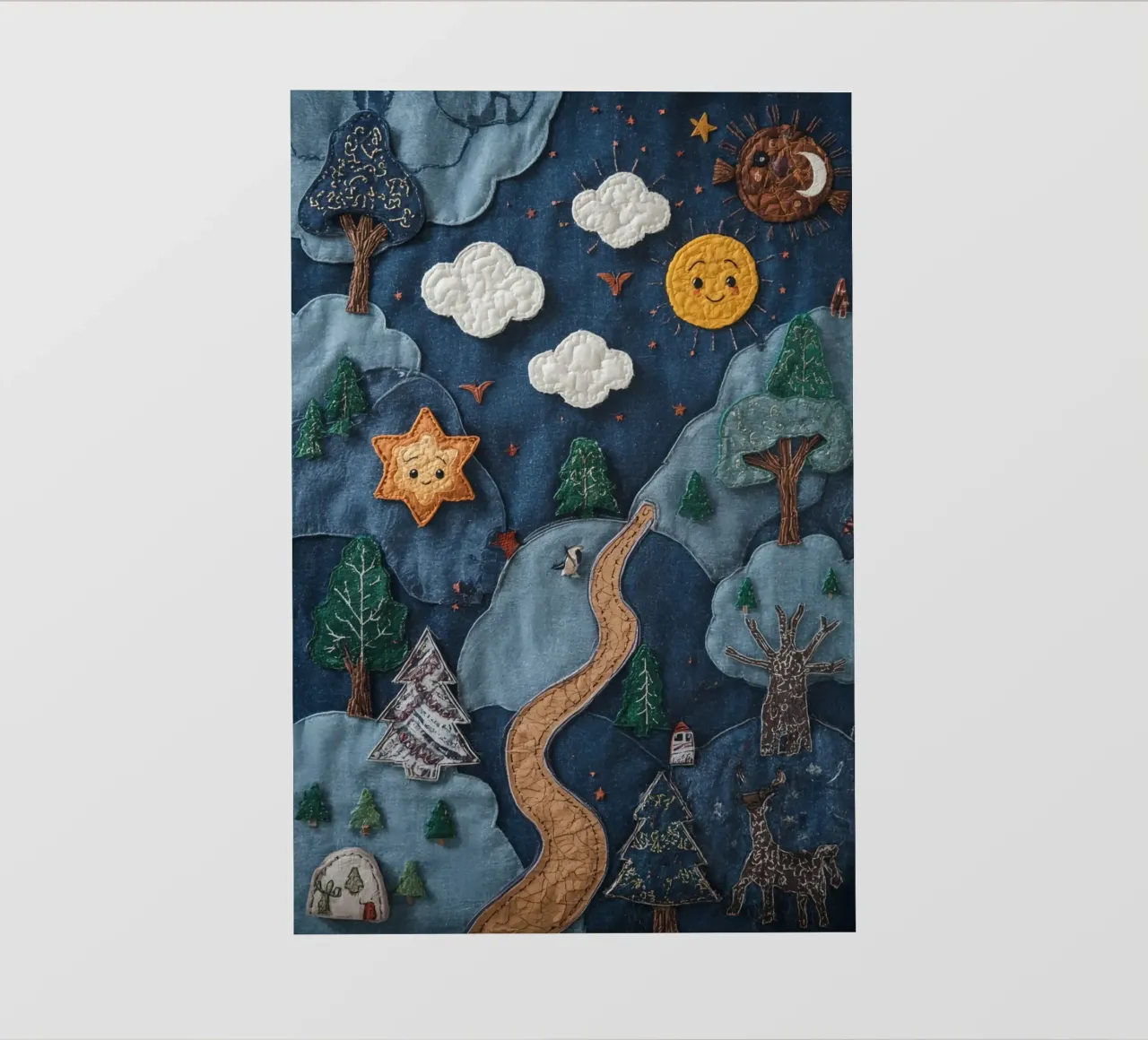 Paesaggio in collage di stoffa con elementi celesti e animali telo in pvc da DesignDoodle