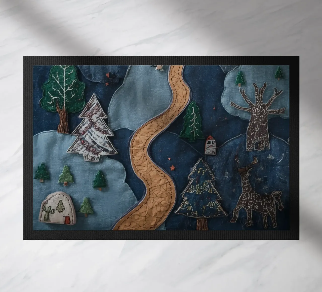 Paesaggio in collage di stoffa con elementi celesti e animali zerbino da DesignDoodle