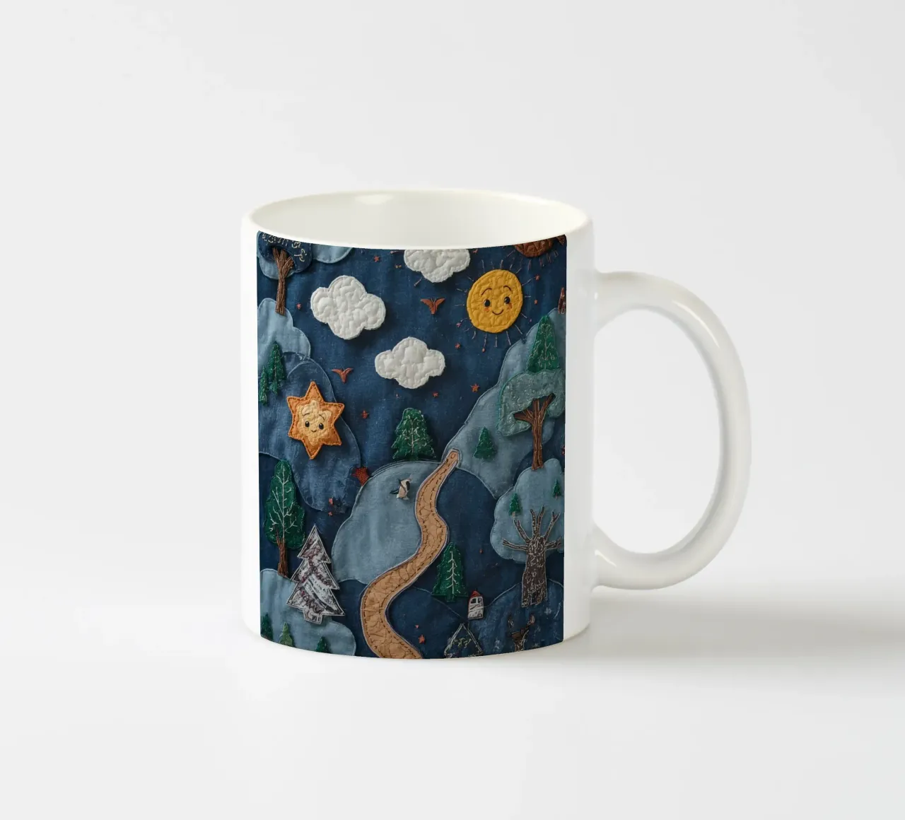 Paesaggio in collage di stoffa con elementi celesti e animali tazza in ceramica da DesignDoodle