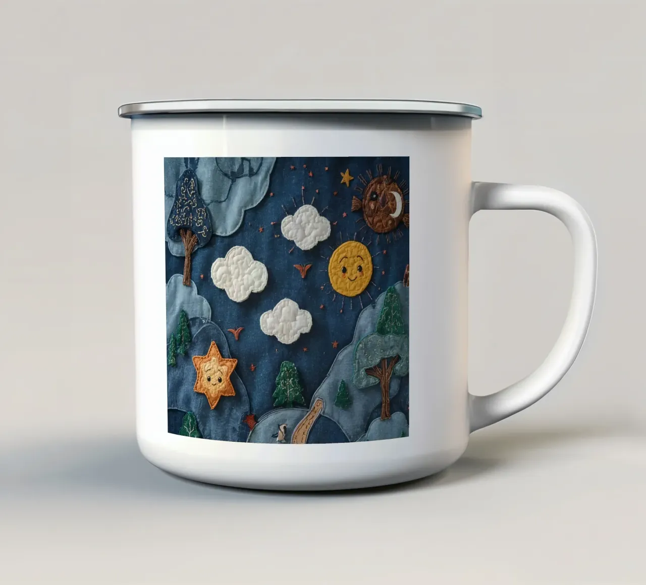 Paesaggio in collage di stoffa con elementi celesti e animali tazza in smalto da DesignDoodle