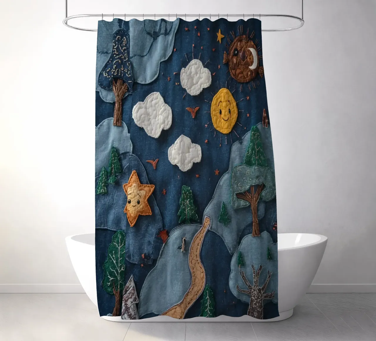 Paesaggio in collage di stoffa con elementi celesti e animali tenda da doccia da DesignDoodle