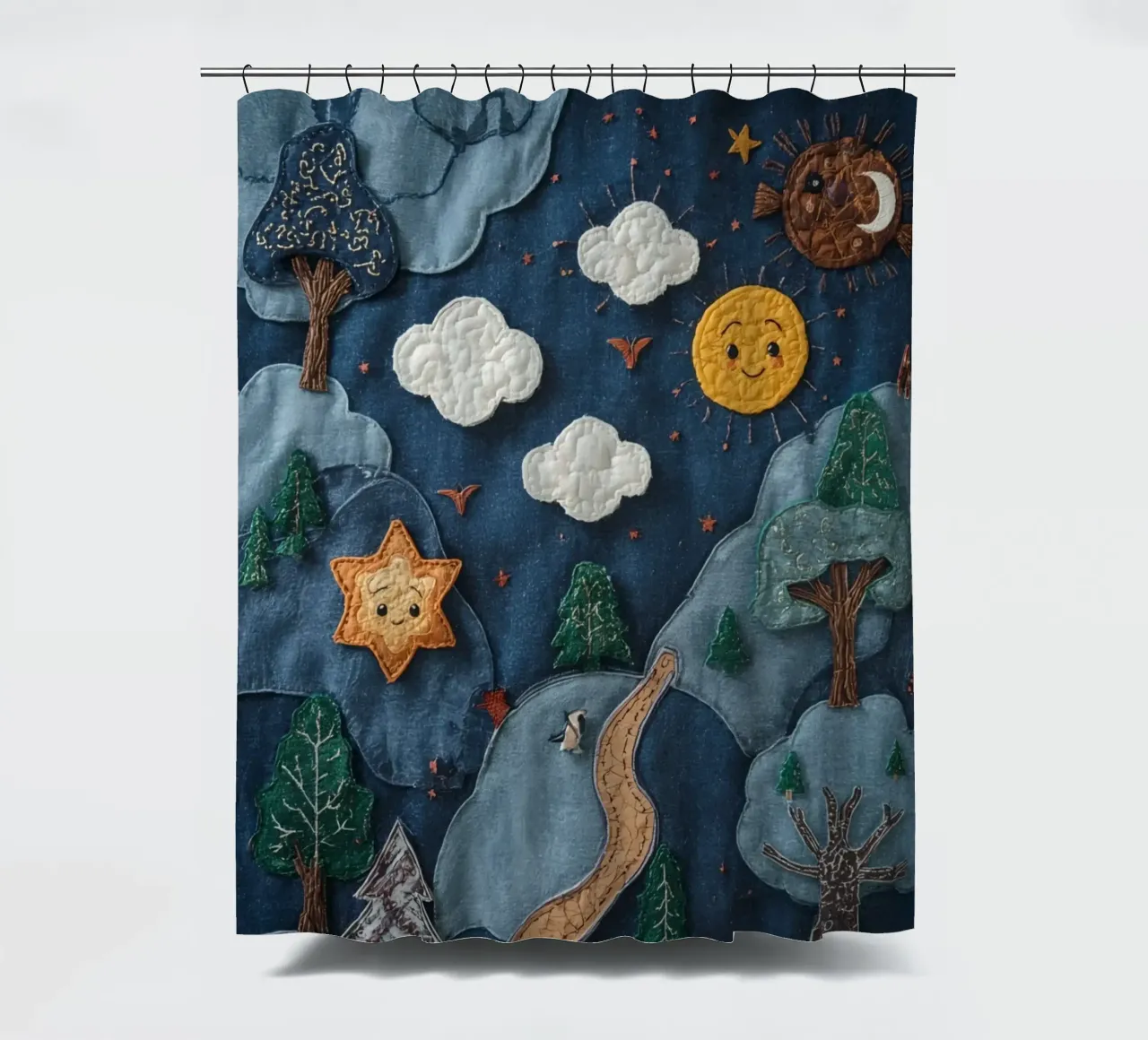 Paesaggio in collage di stoffa con elementi celesti e animali tenda da doccia da DesignDoodle