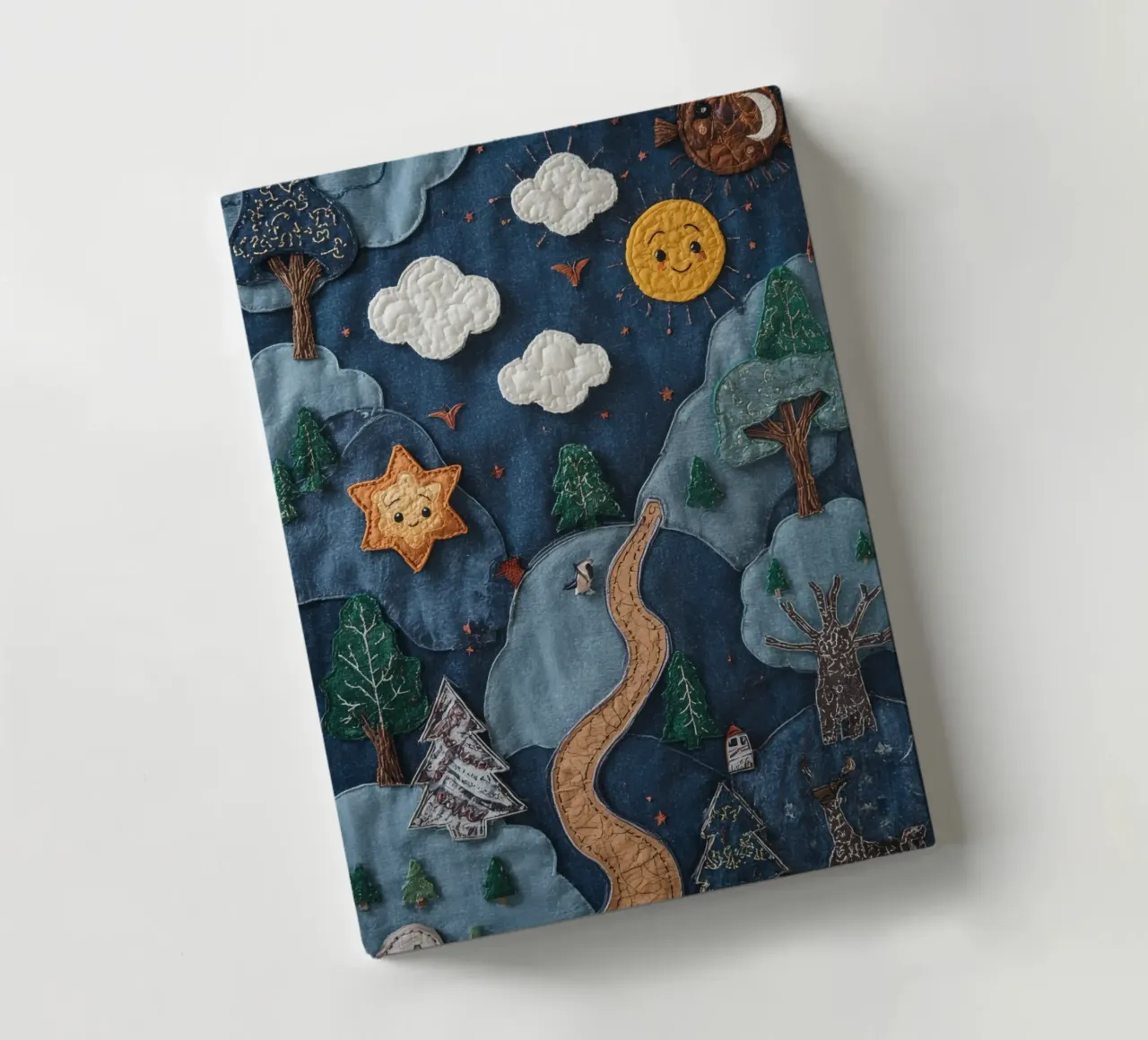 Paesaggio in collage di stoffa con elementi celesti e animali diario da DesignDoodle