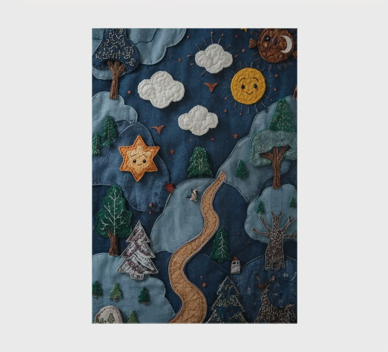 Paesaggio in collage di stoffa con elementi celesti e animali diario da DesignDoodle