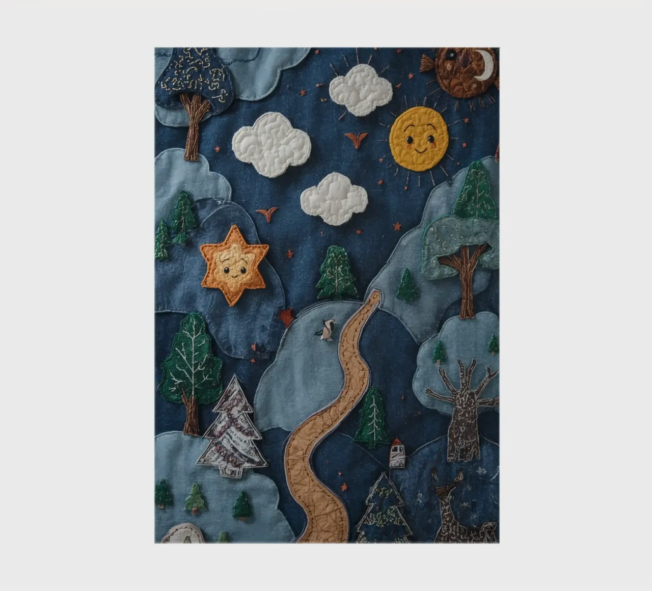 Paesaggio in collage di stoffa con elementi celesti e animali diario da DesignDoodle