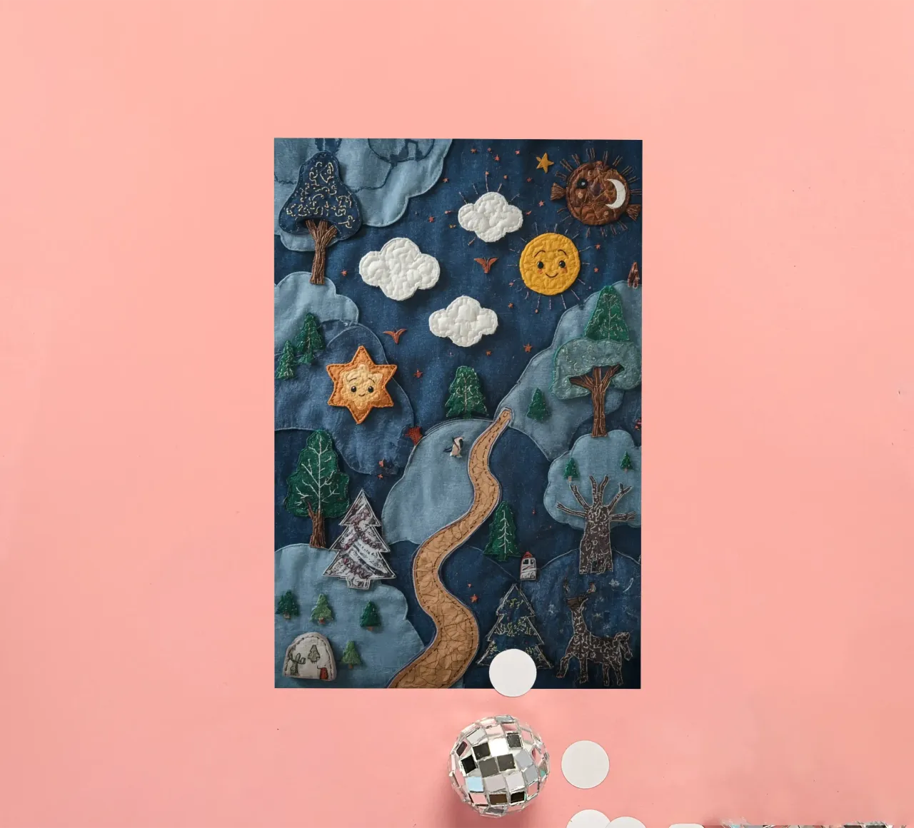 Paesaggio in collage di stoffa con elementi celesti e animali adesivo da DesignDoodle