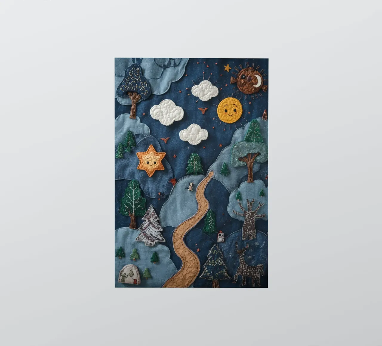 Paesaggio in collage di stoffa con elementi celesti e animali adesivo da DesignDoodle
