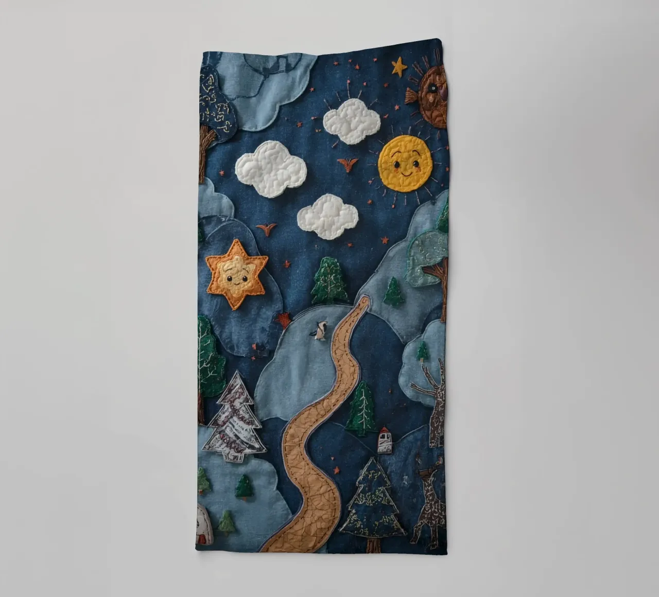 Paesaggio in collage di stoffa con elementi celesti e animali asciugamano da bagno da DesignDoodle