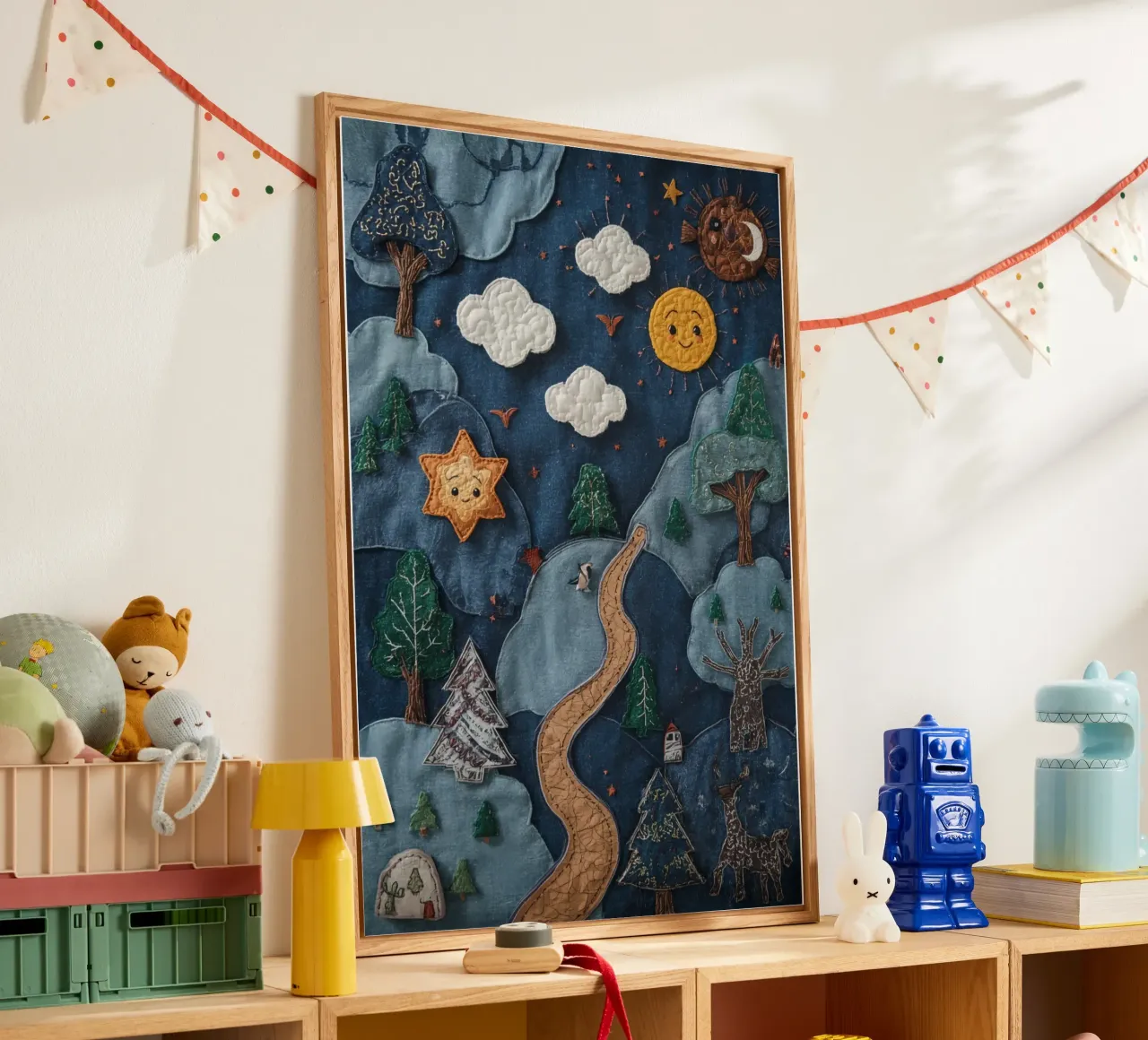 Paesaggio in collage di stoffa con elementi celesti e animali plexiglass da DesignDoodle