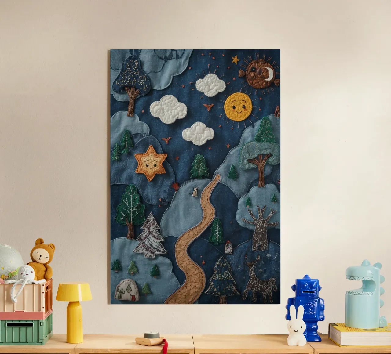 Paesaggio in collage di stoffa con elementi celesti e animali plexiglass da DesignDoodle