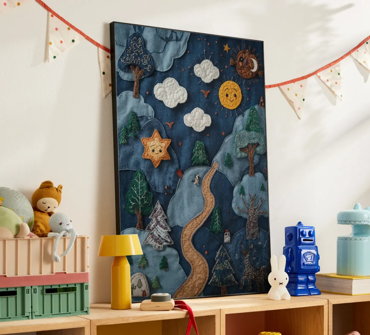 Paesaggio in collage di stoffa con elementi celesti e animali alluminio dibond da DesignDoodle