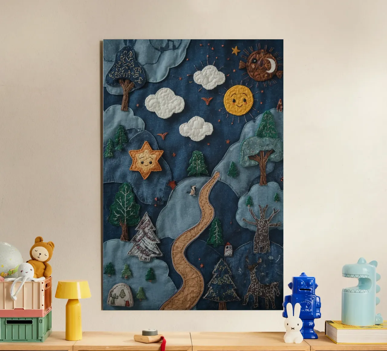 Paesaggio in collage di stoffa con elementi celesti e animali alluminio dibond da DesignDoodle