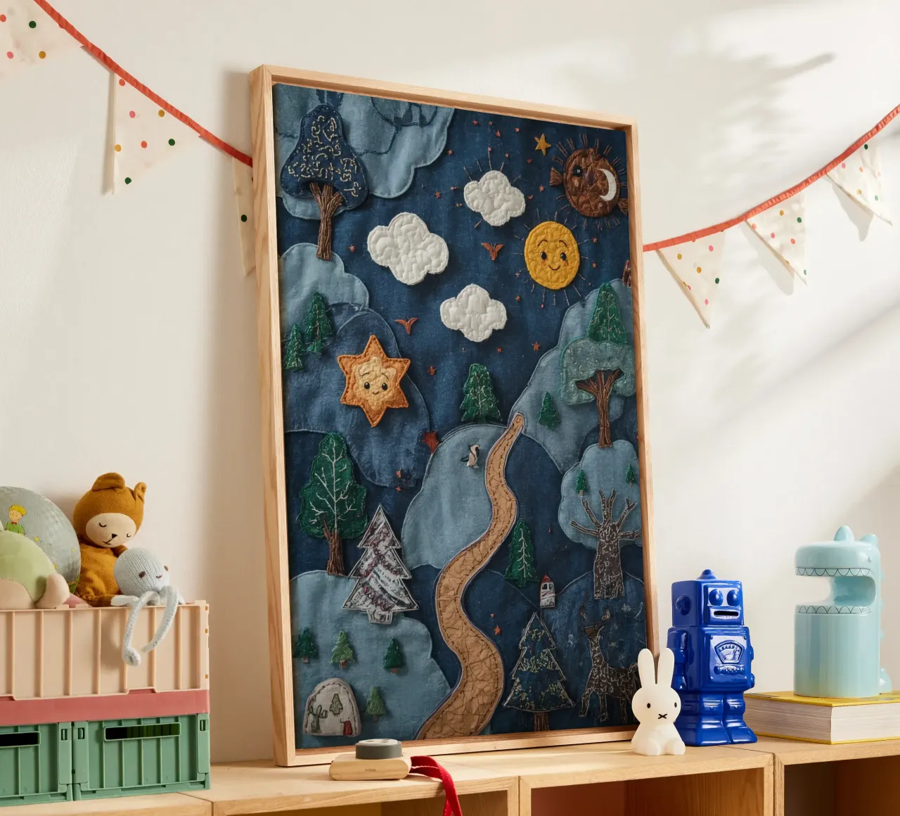 Paesaggio in collage di stoffa con elementi celesti e animali tela da DesignDoodle