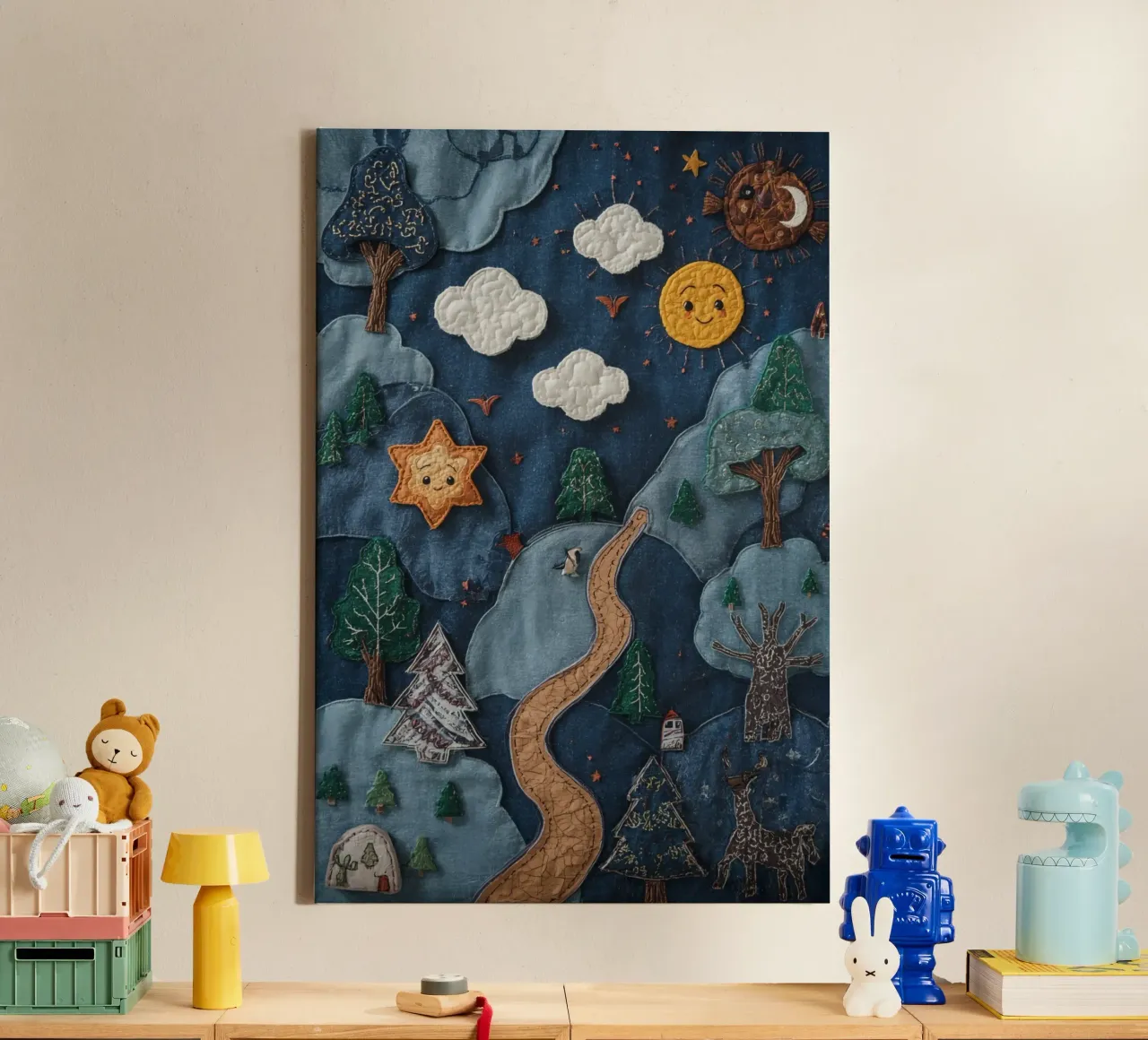 Paesaggio in collage di stoffa con elementi celesti e animali tela da DesignDoodle