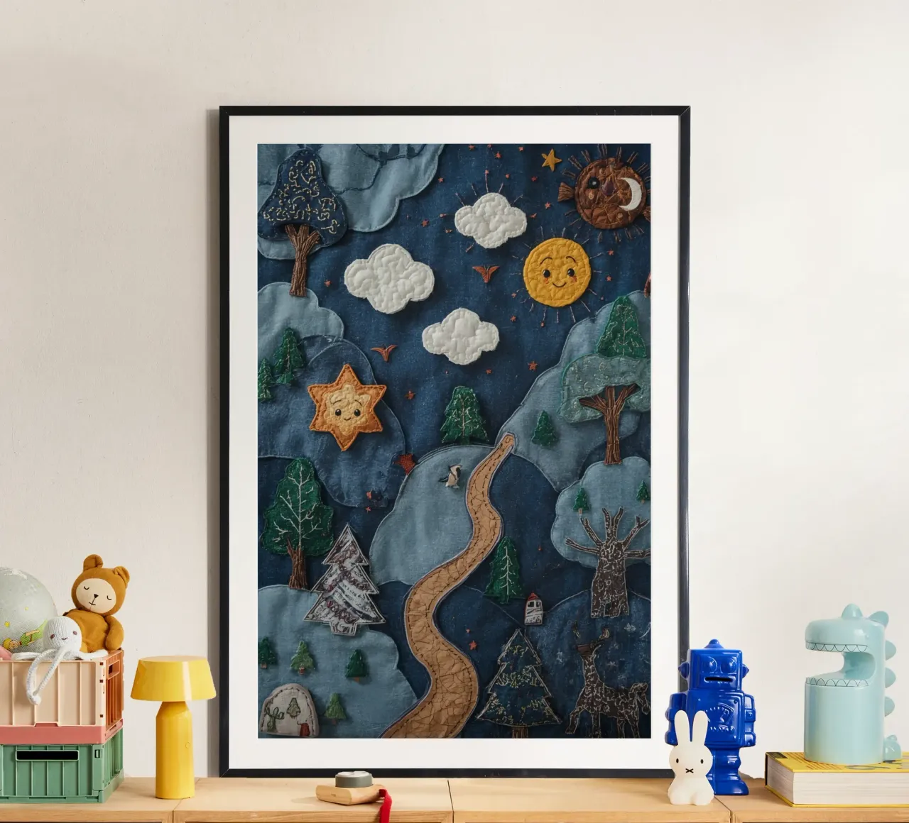 Paesaggio in collage di stoffa con elementi celesti e animali poster da DesignDoodle