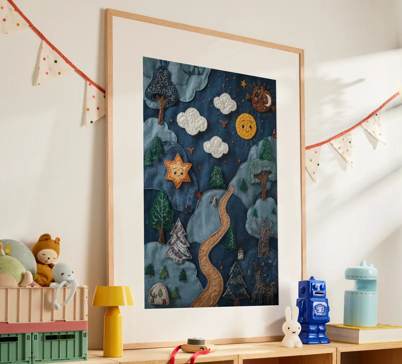 Paesaggio in collage di stoffa con elementi celesti e animali poster da DesignDoodle