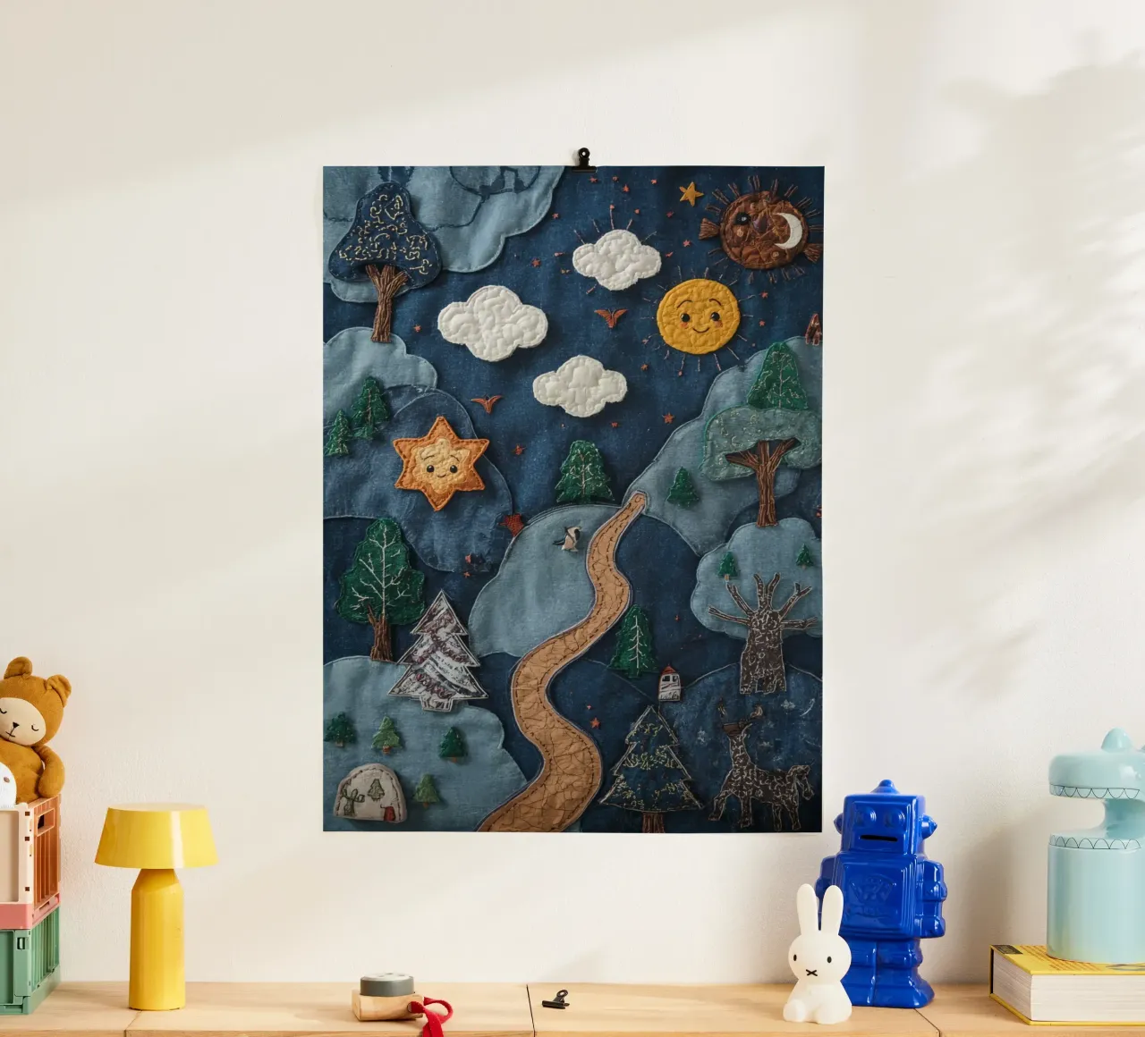 Paesaggio in collage di stoffa con elementi celesti e animali poster da DesignDoodle
