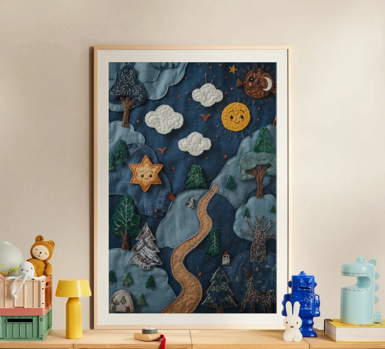 Paesaggio in collage di stoffa con elementi celesti e animali poster da DesignDoodle