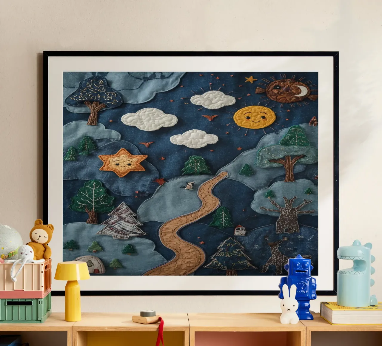 Paesaggio in collage di stoffa con elementi celesti e animali poster da DesignDoodle