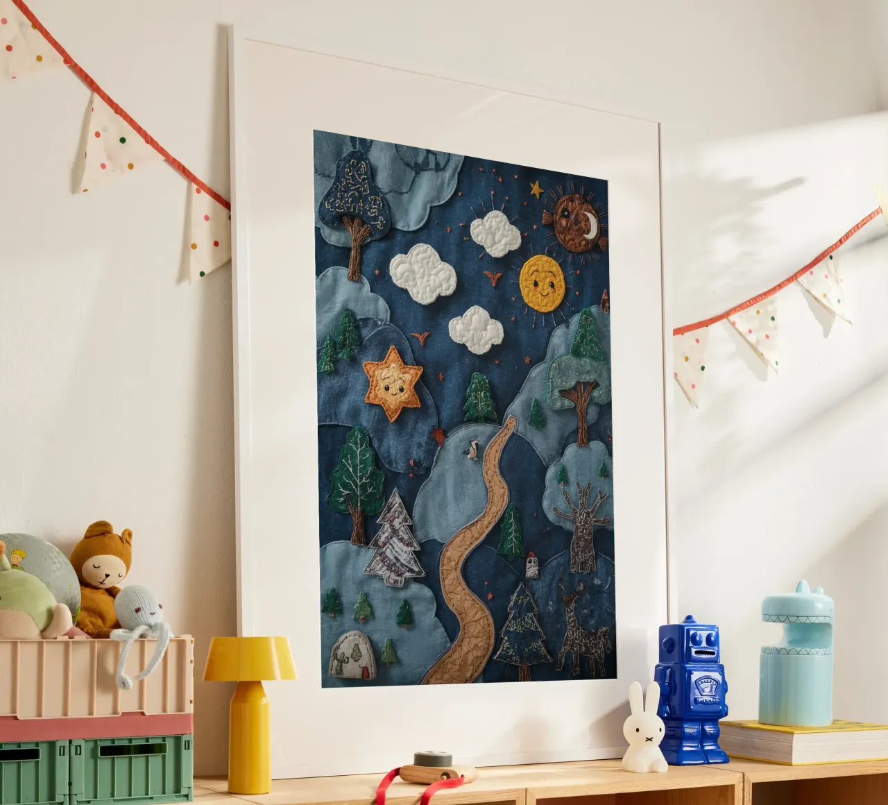 Paesaggio in collage di stoffa con elementi celesti e animali poster da DesignDoodle