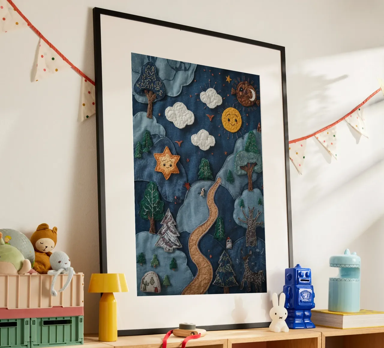Paesaggio in collage di stoffa con elementi celesti e animali poster da DesignDoodle
