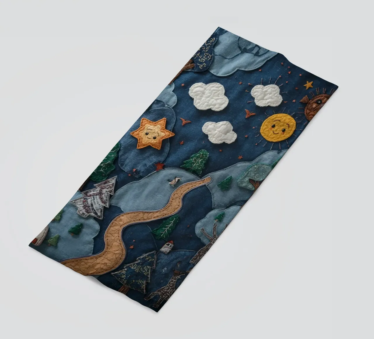 Paesaggio in collage di stoffa con elementi celesti e animali telo mare da DesignDoodle