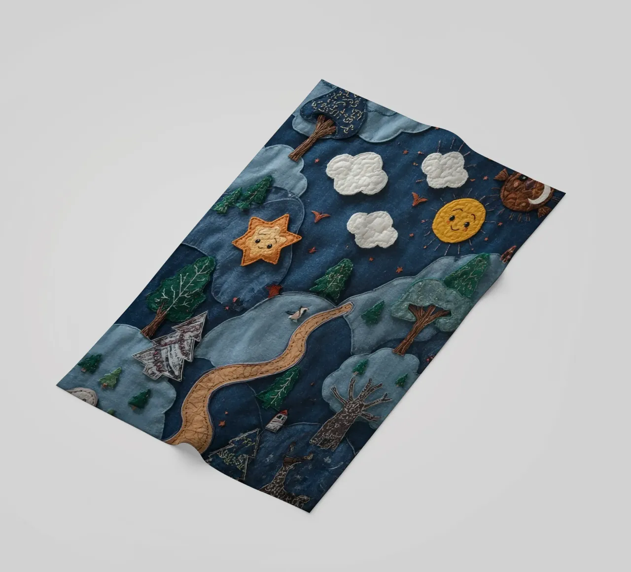 Paesaggio in collage di stoffa con elementi celesti e animali telo mare da DesignDoodle