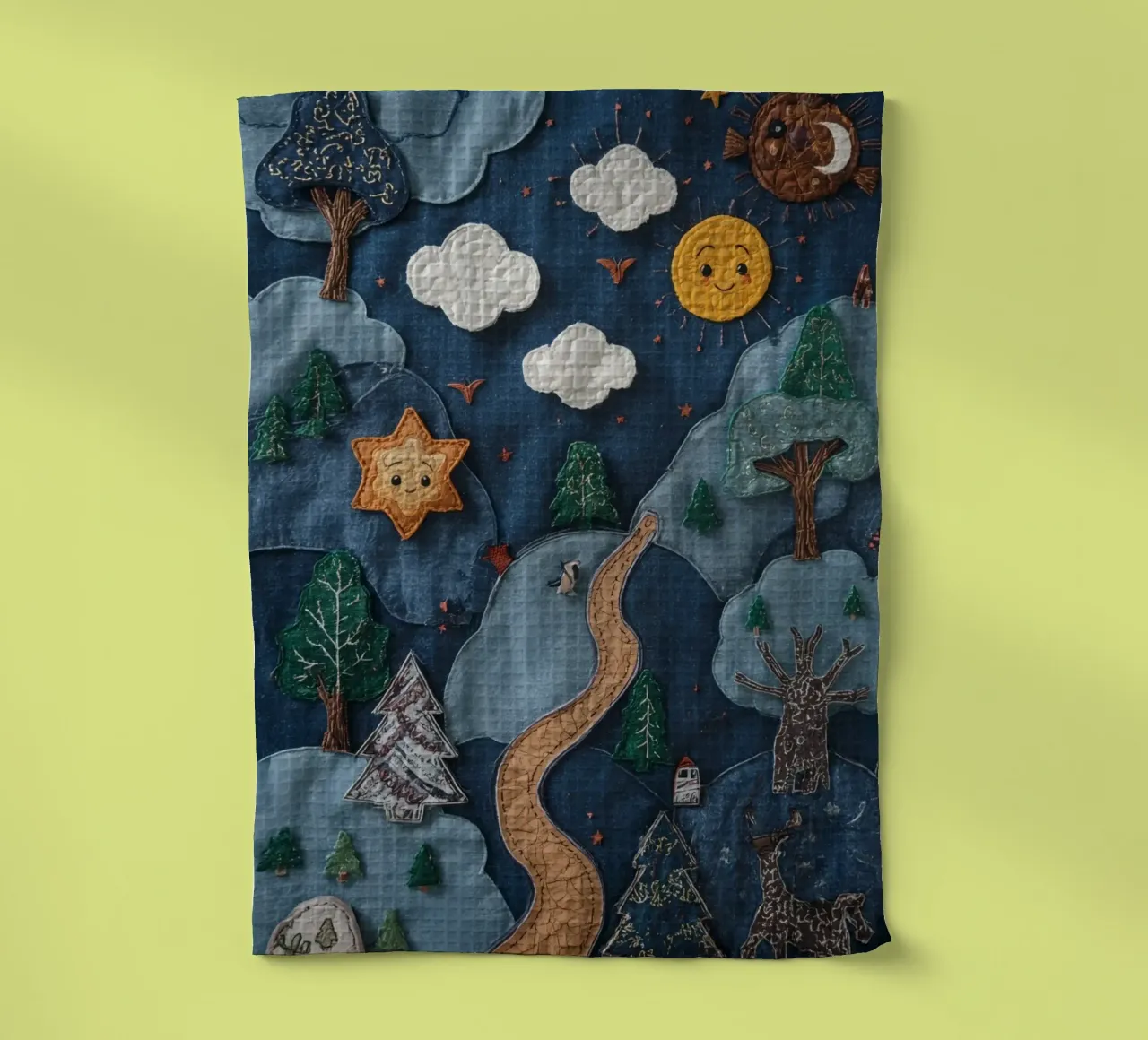 Paesaggio in collage di stoffa con elementi celesti e animali canovaccio da cucina da DesignDoodle