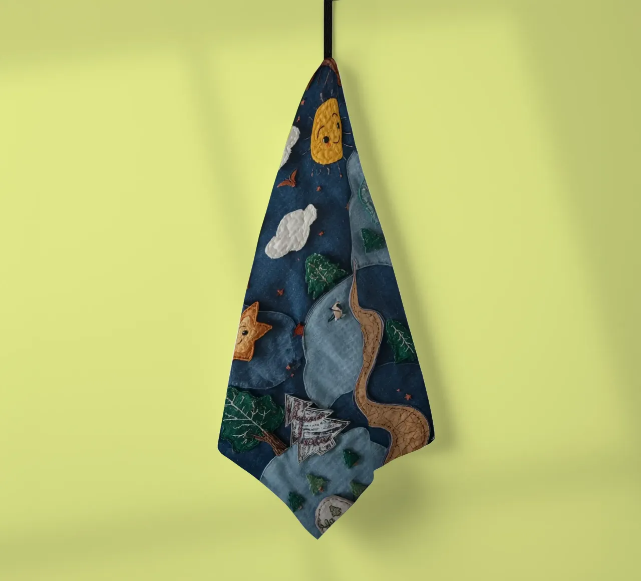 Paesaggio in collage di stoffa con elementi celesti e animali canovaccio da cucina da DesignDoodle