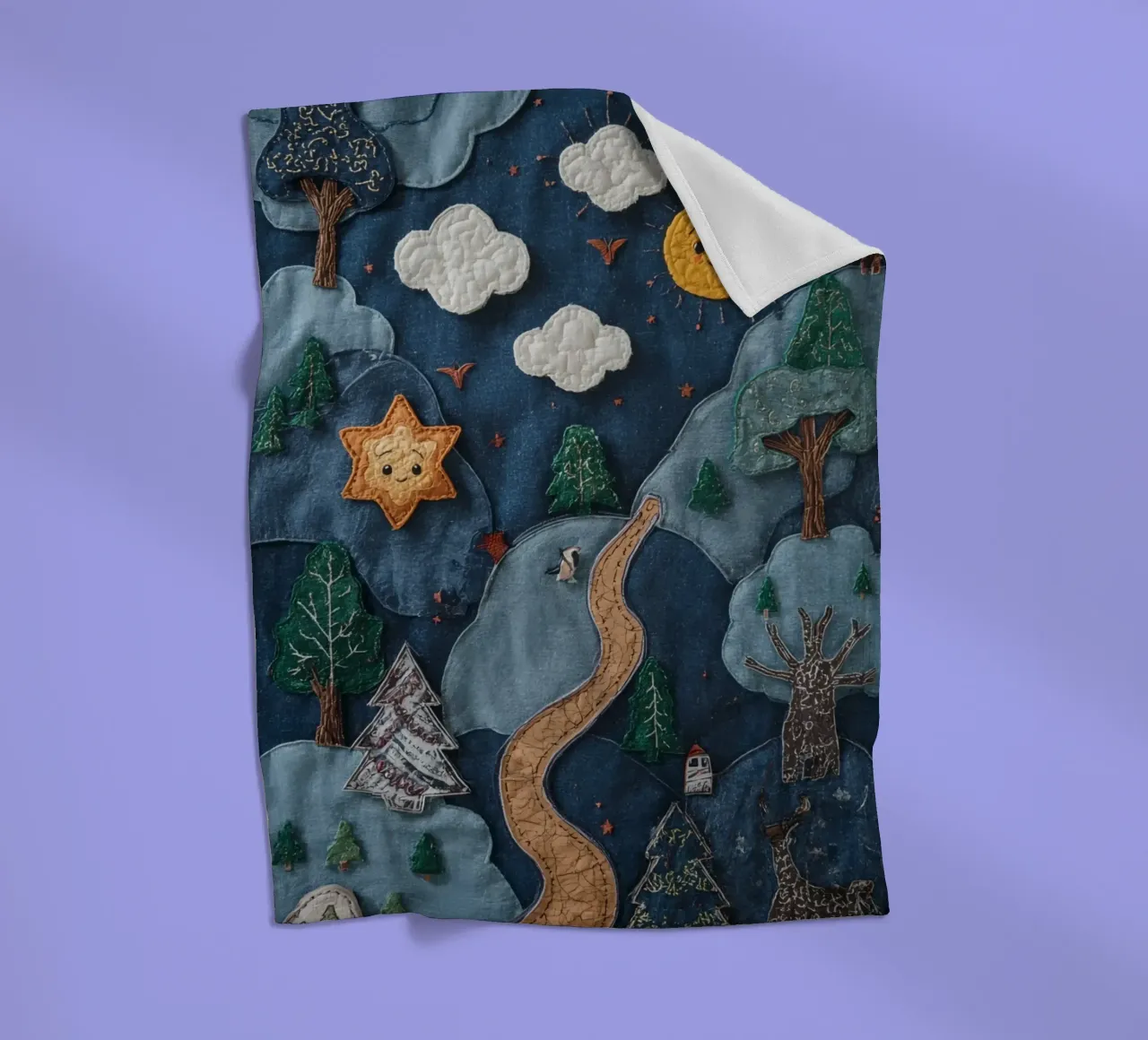 Paesaggio in collage di stoffa con elementi celesti e animali coperta in pile da DesignDoodle