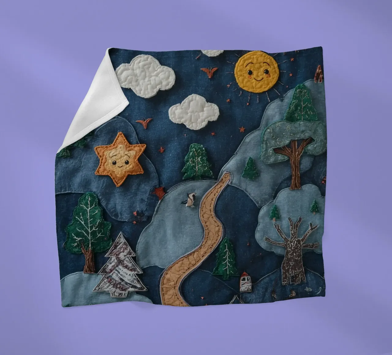 Paesaggio in collage di stoffa con elementi celesti e animali coperta in pile da DesignDoodle
