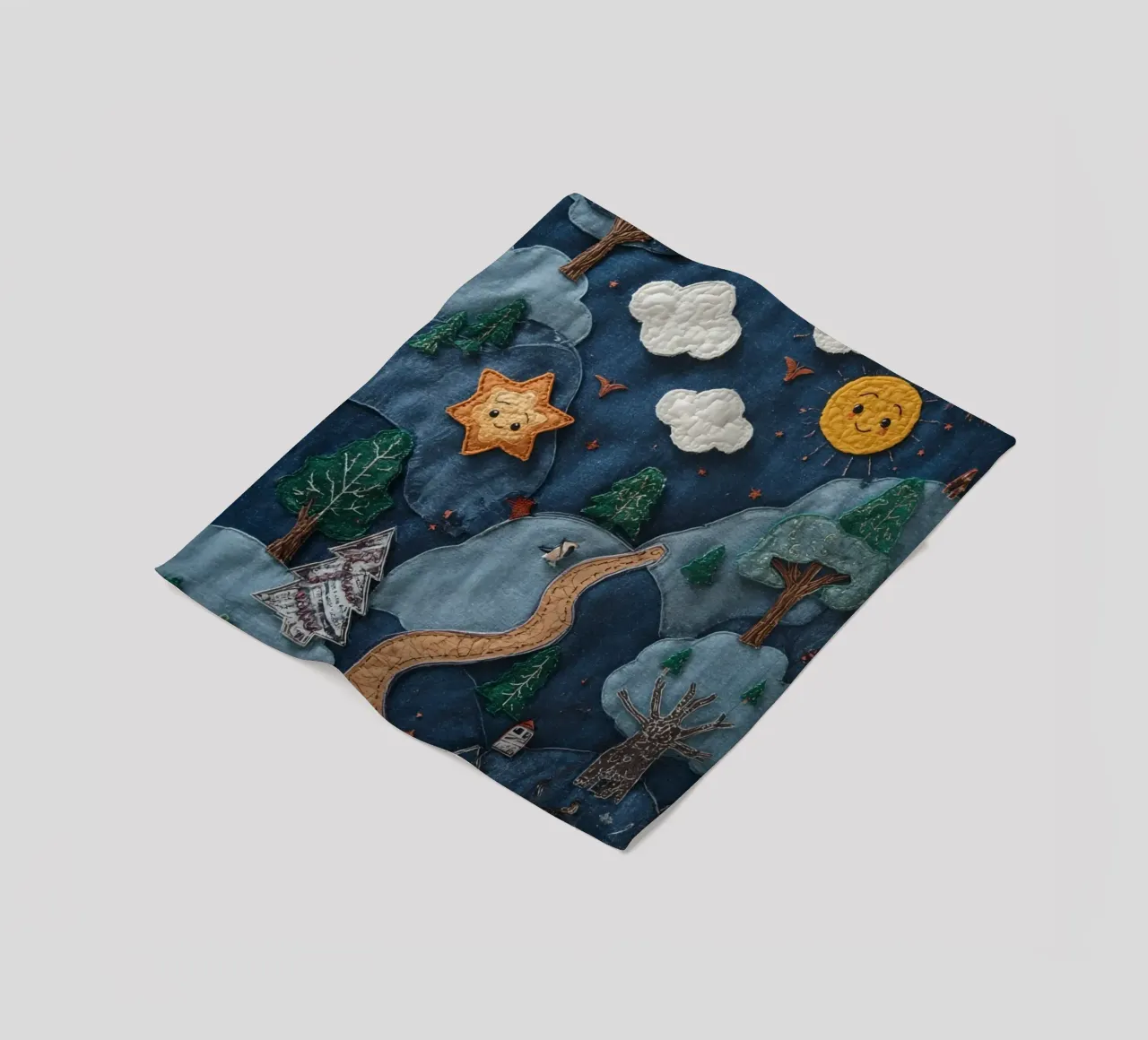 Paesaggio in collage di stoffa con elementi celesti e animali coperta in pile da DesignDoodle
