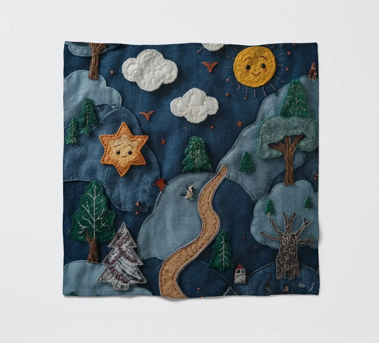 Paesaggio in collage di stoffa con elementi celesti e animali coperta in pile da DesignDoodle