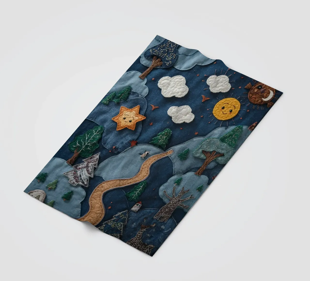 Paesaggio in collage di stoffa con elementi celesti e animali coperta in pile da DesignDoodle