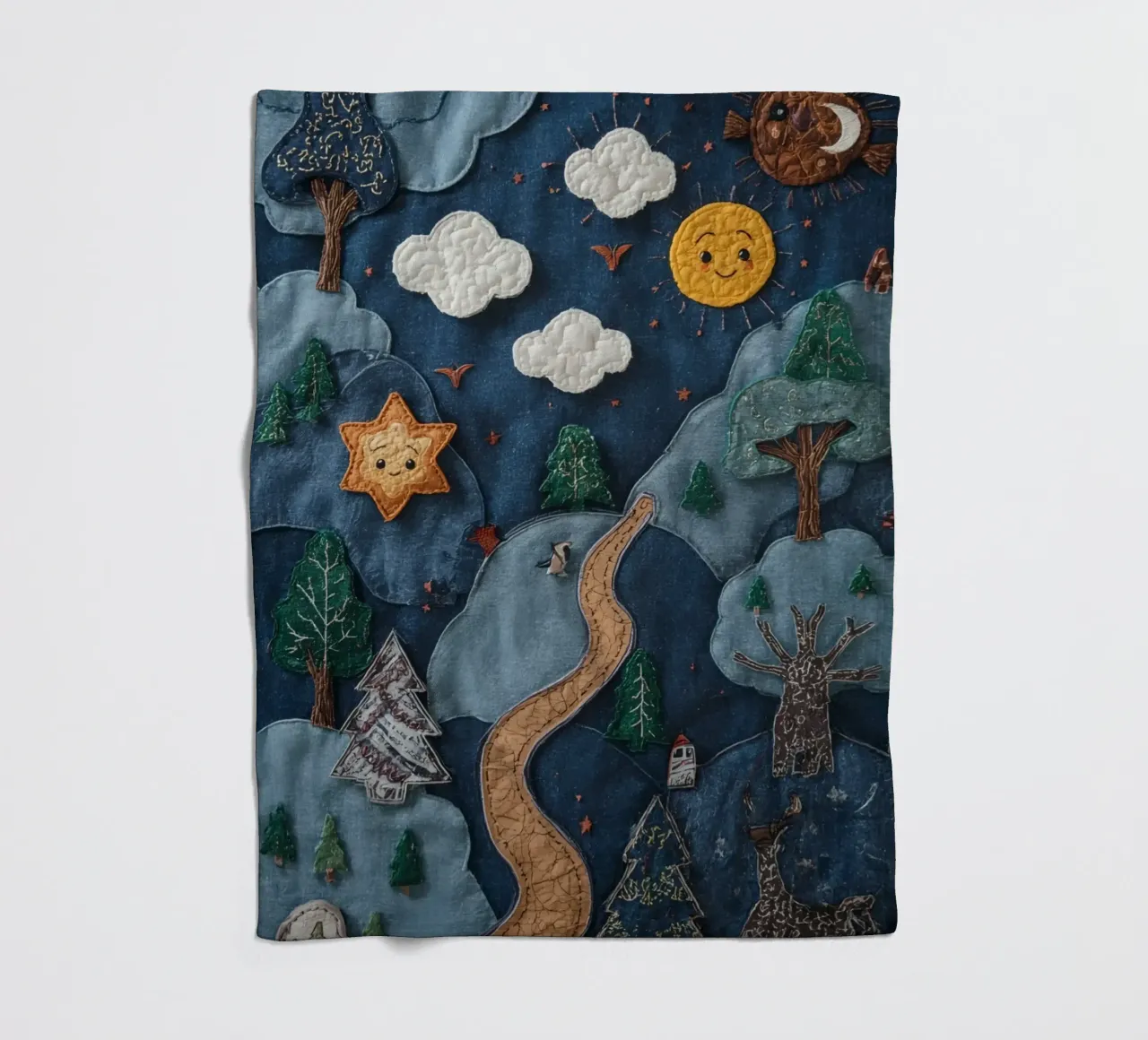 Paesaggio in collage di stoffa con elementi celesti e animali coperta in pile da DesignDoodle