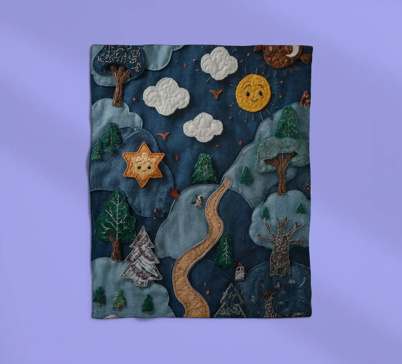 Paesaggio in collage di stoffa con elementi celesti e animali coperta in pile da DesignDoodle
