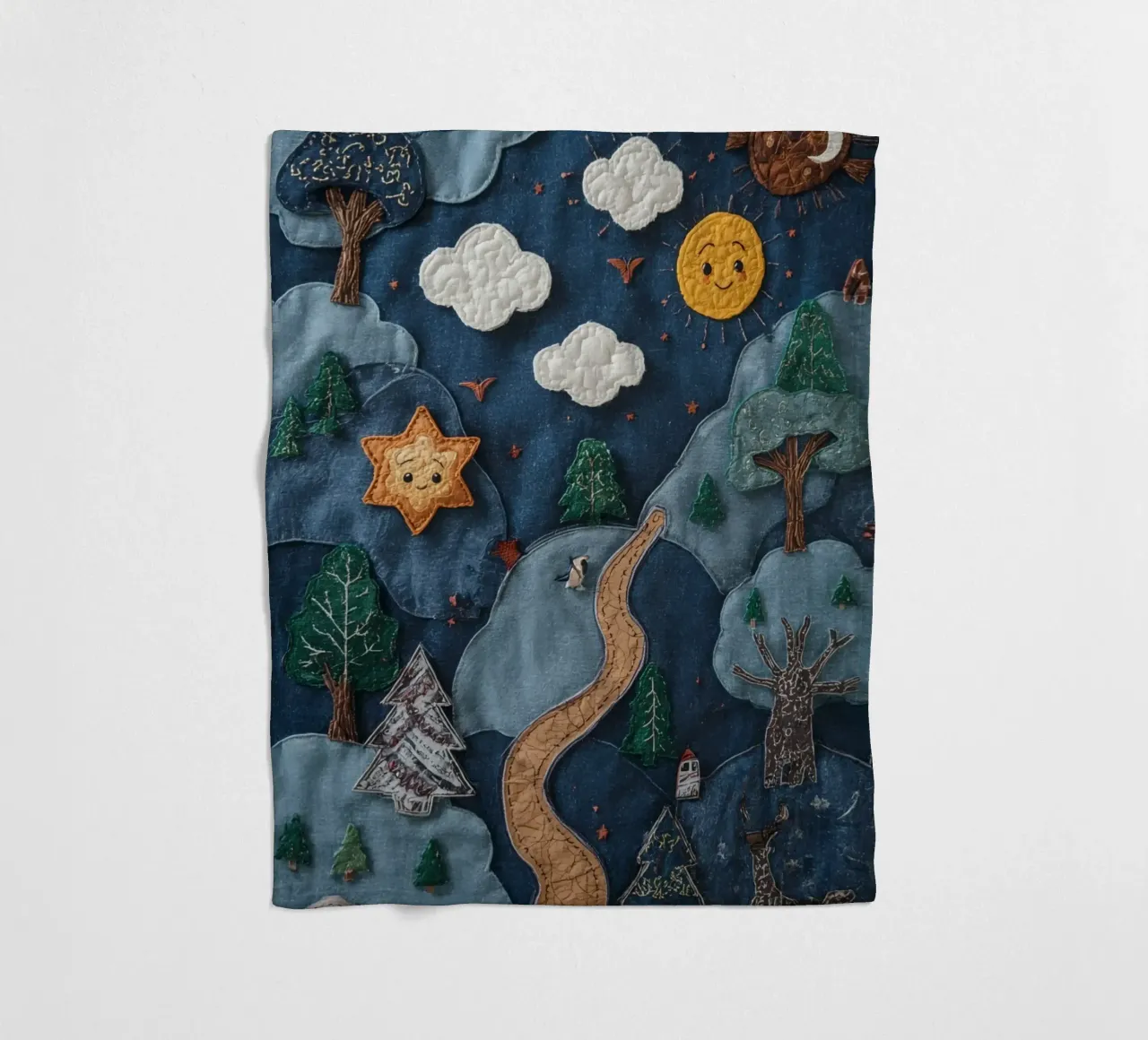 Paesaggio in collage di stoffa con elementi celesti e animali coperta in pile da DesignDoodle