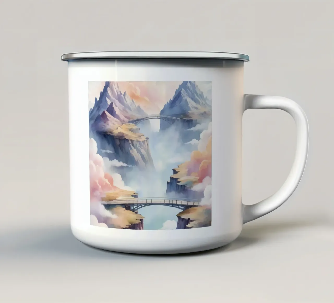 Paesaggio montano di fantasia con ponti tazza in smalto da DesignDoodle