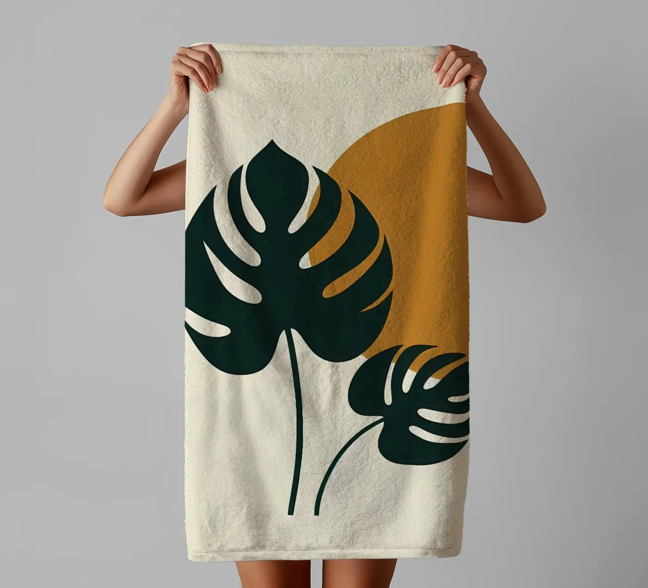 Minimalist Modern Boho Monstera Leaf Abstract towel by Bloom And Brush