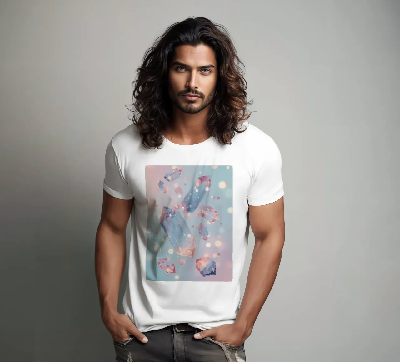 Floating crystals with bokeh background t-shirt by DesignDoodle