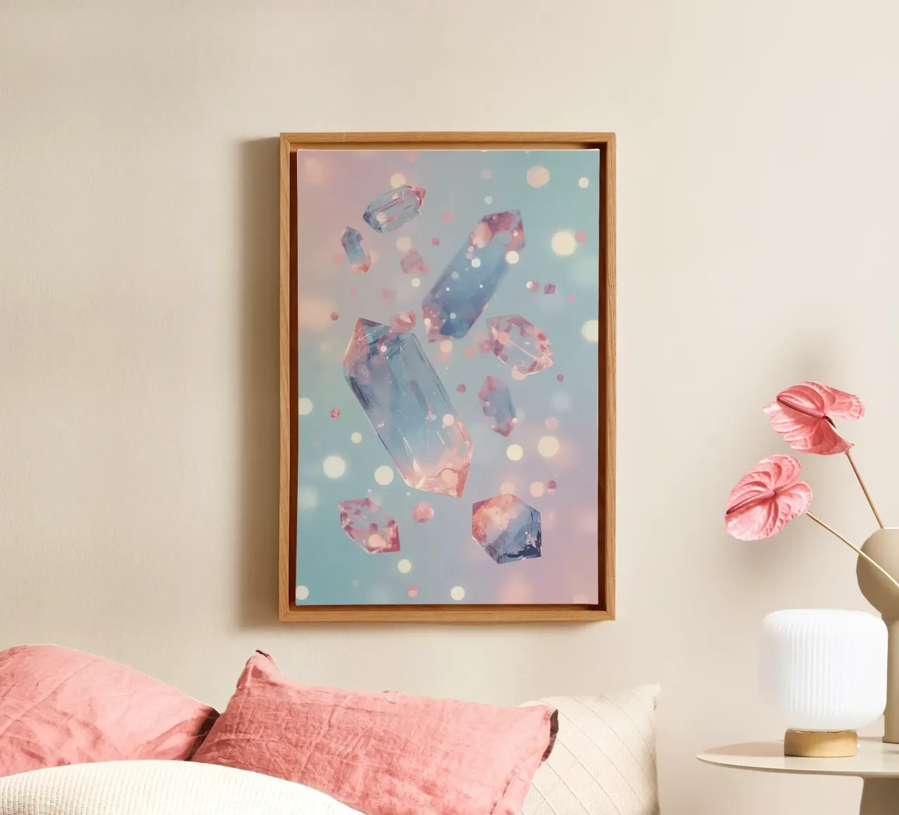 Schwebende Kristalle mit Bokeh-Hintergrund Leinwand von DesignDoodle