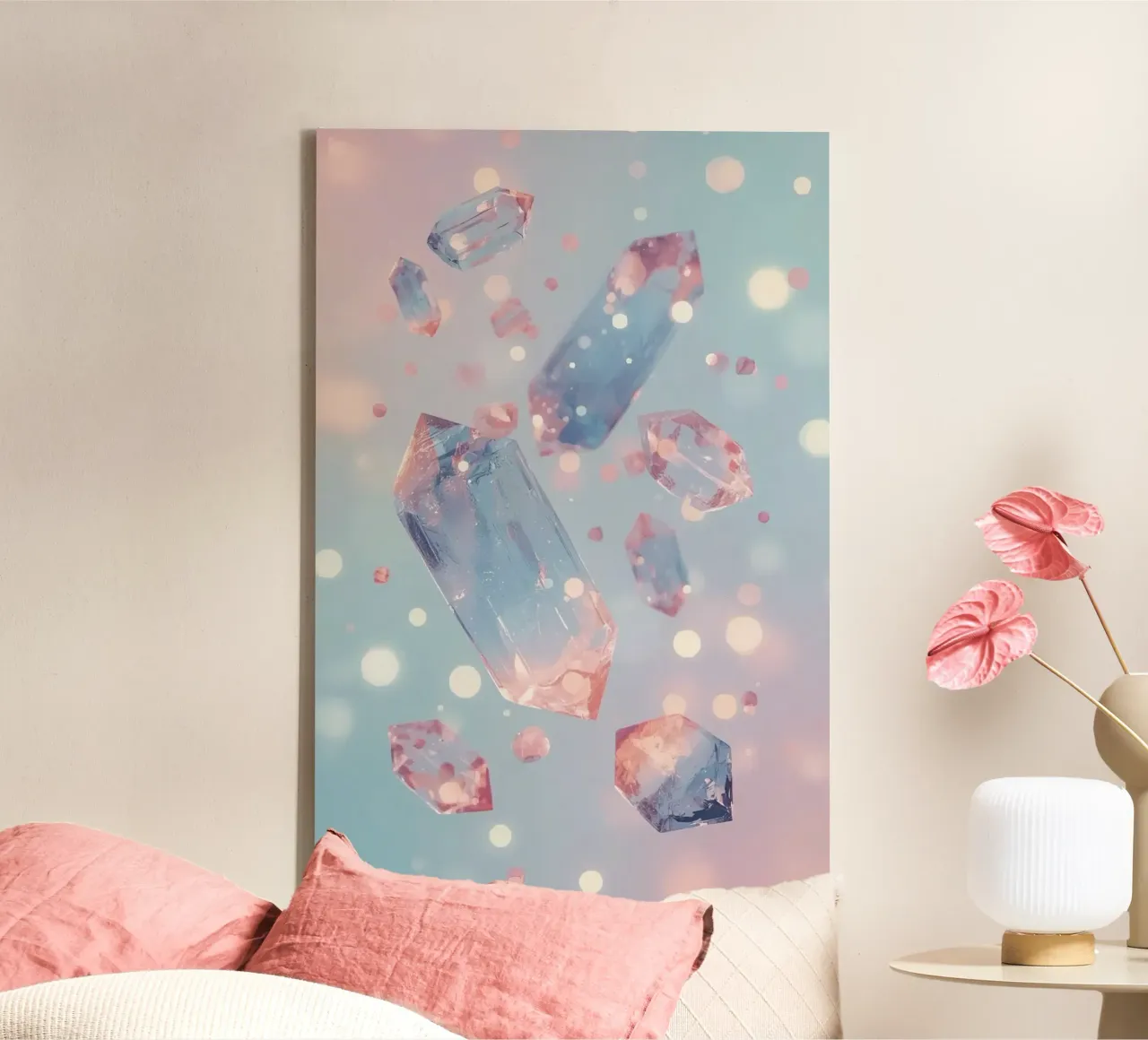 Schwebende Kristalle mit Bokeh-Hintergrund Leinwand von DesignDoodle