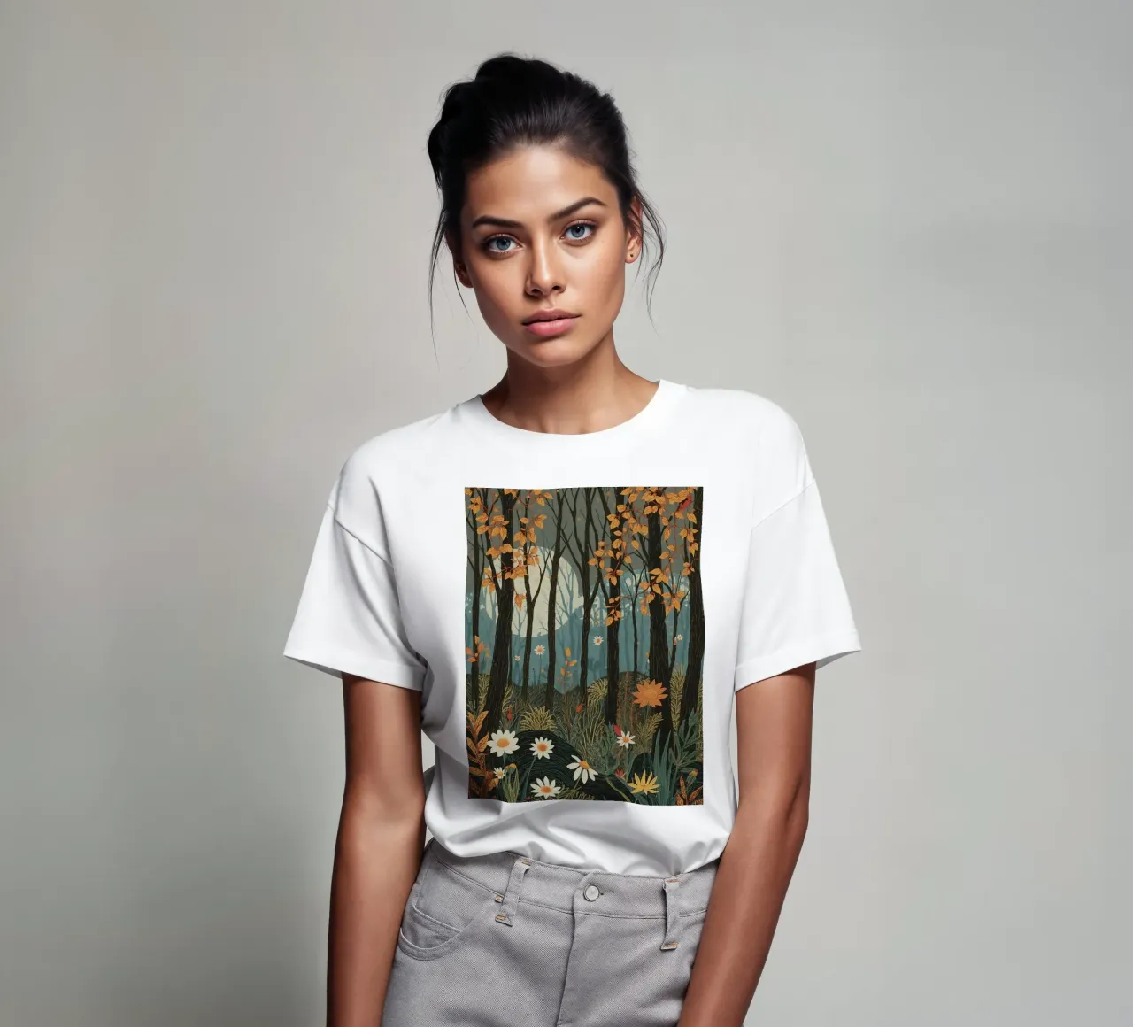 Scena di foresta con alberi, luna e fiori t-shirt da DesignDoodle