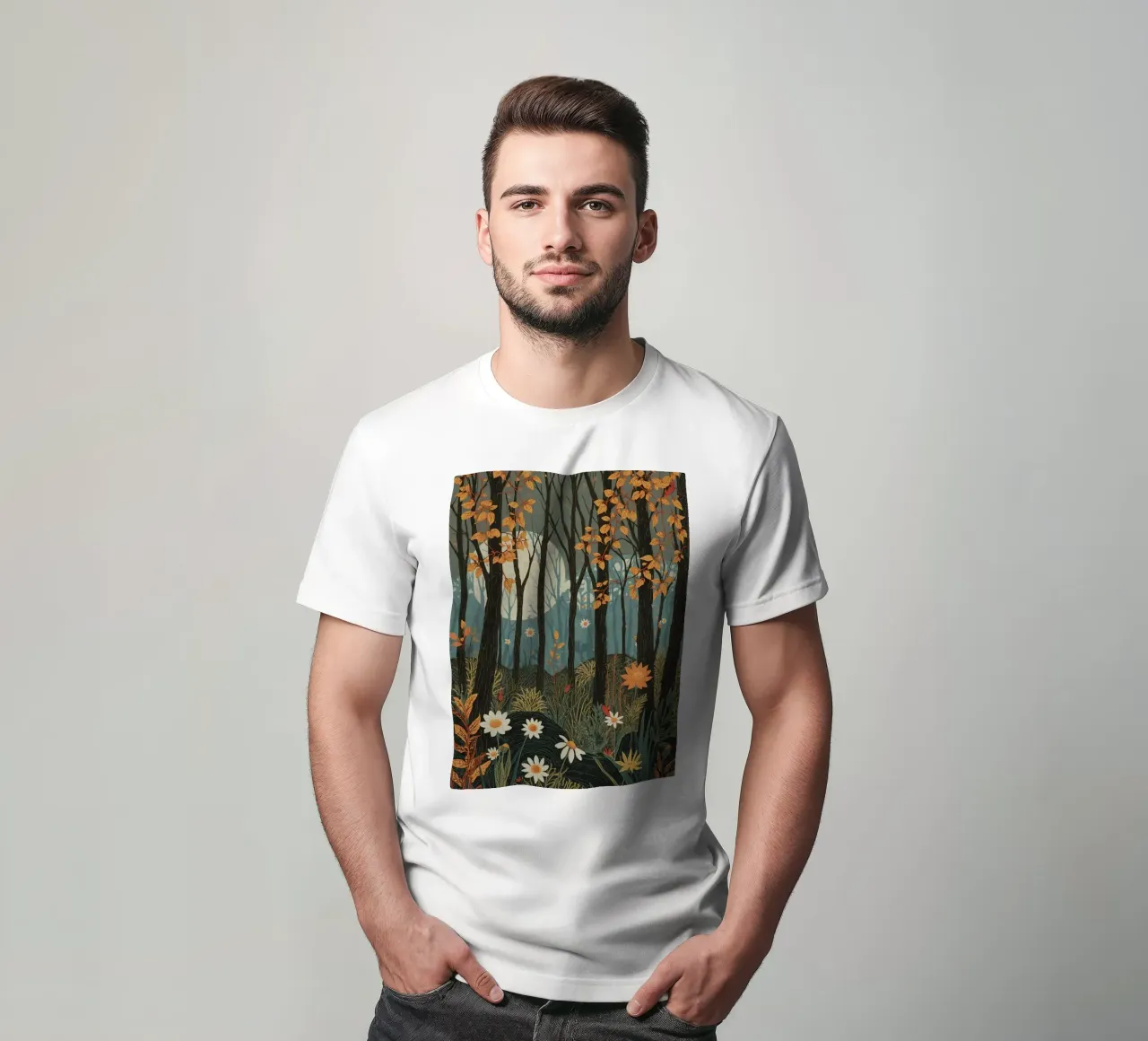 Scena di foresta con alberi, luna e fiori t-shirt da DesignDoodle