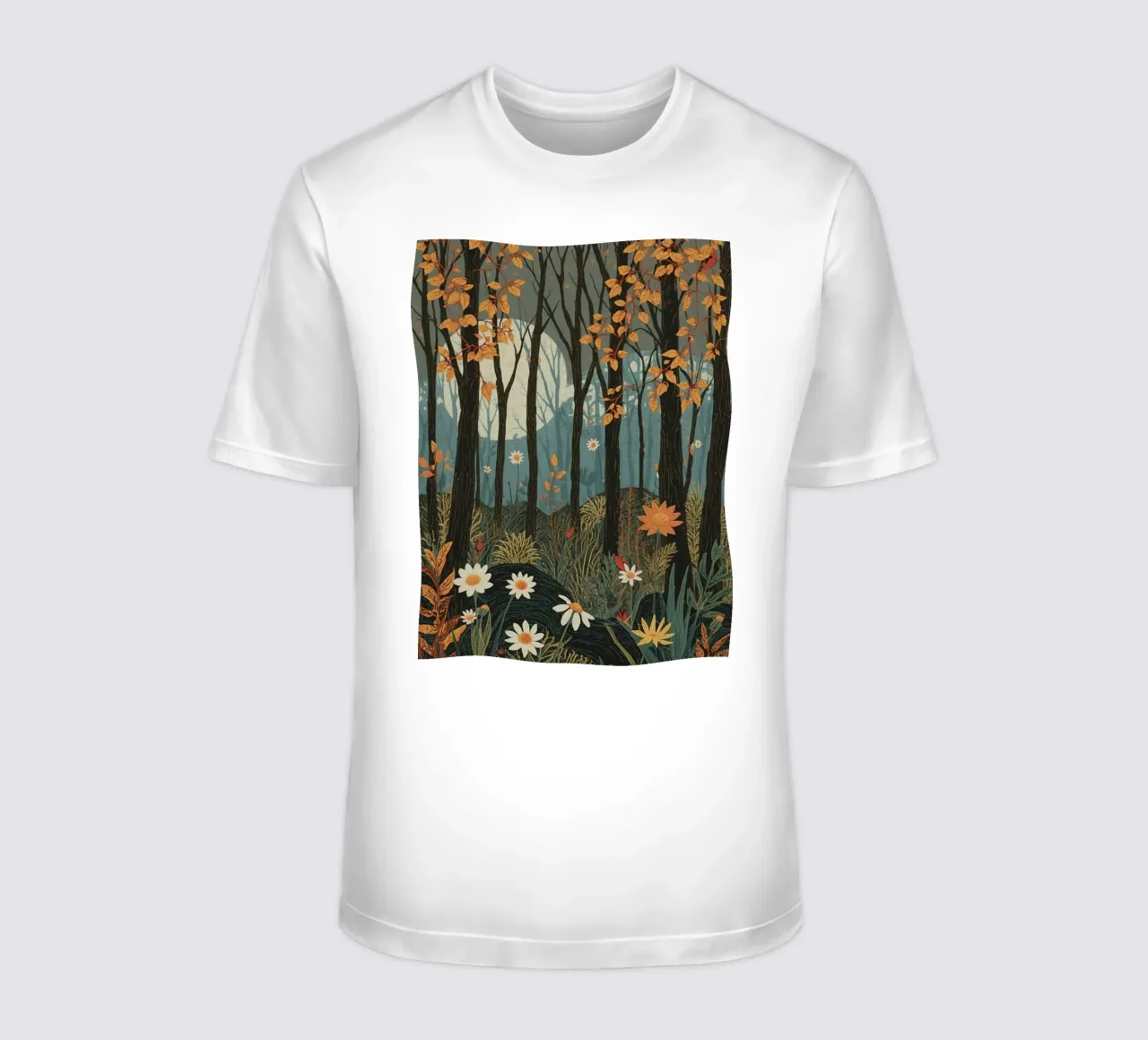 Scena di foresta con alberi, luna e fiori t-shirt da DesignDoodle